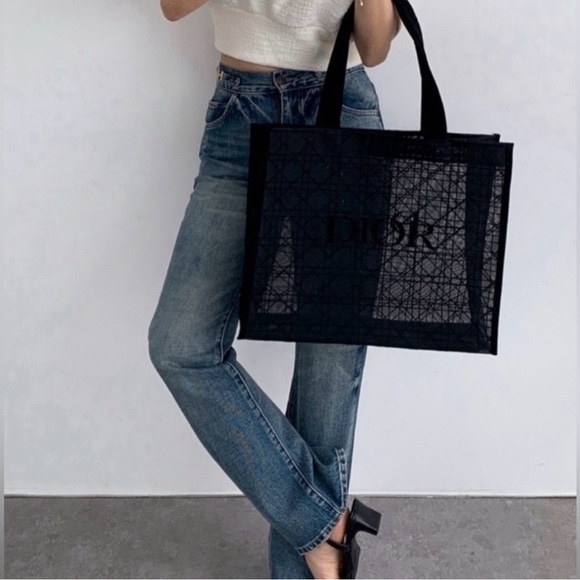 NEW Dior Black Mesh Canage Tote Bag & Pouch Case Clutch Set - Picture 3 of 10